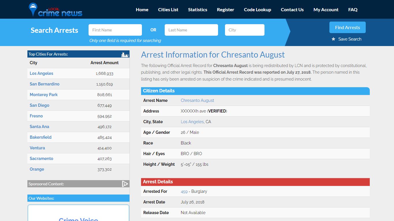 Arrest Information for Chresanto August - Local Crime News